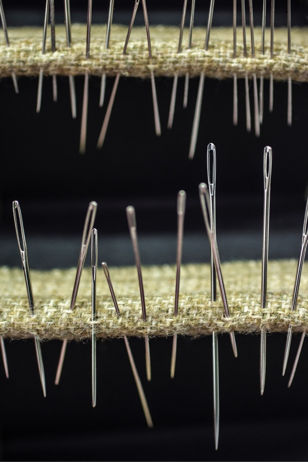 Various needles pinned through a shelf