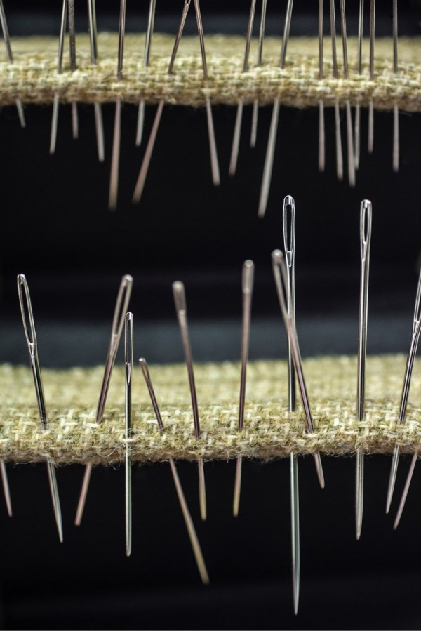 Various needles pinned through a shelf