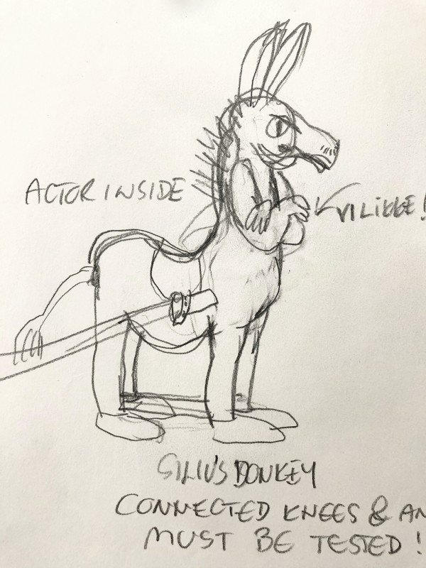 En skisse av eselet og danseren.