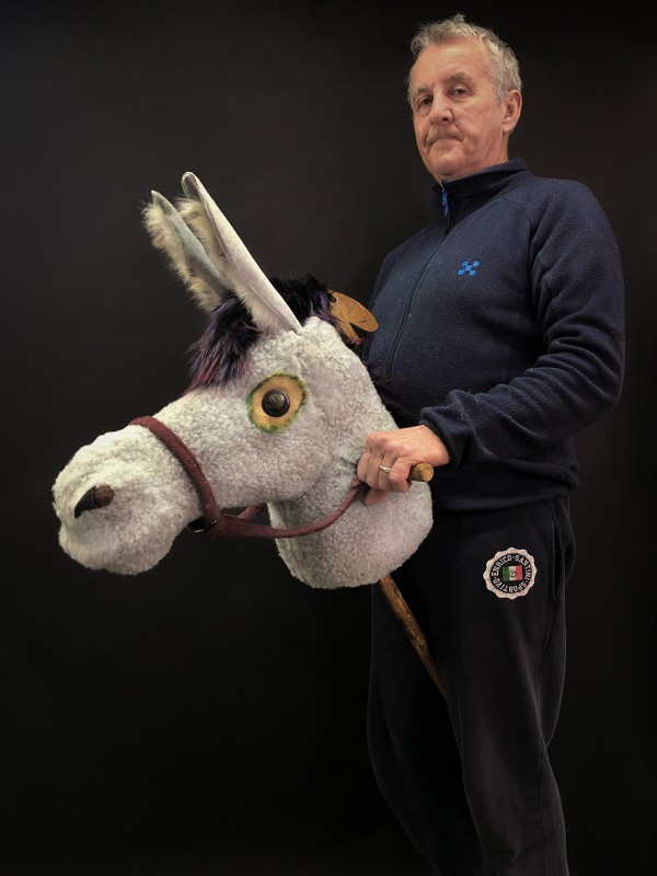 A finished grey hobby donkey in profile.